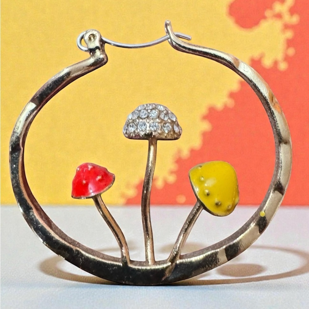 Anthropologie Gold Hoop Mushroom Earrings with Yellow & Red Enamel, NWOT - Picture 7 of 7